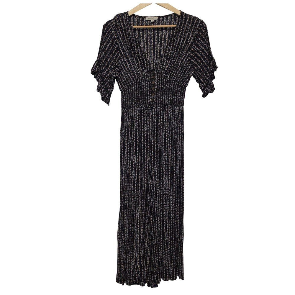 Patrons of Peace Floral Stripe V-Neck Smocked Wide Leg Jumpsuit Navy XS